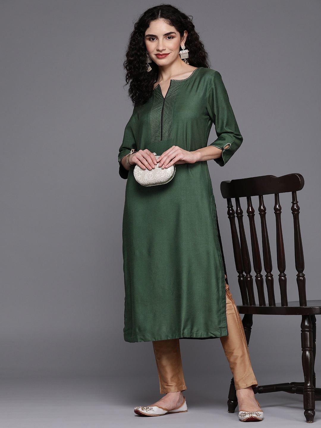 

Fabindia Women Viscose Silk Woven Design Kurta, Green