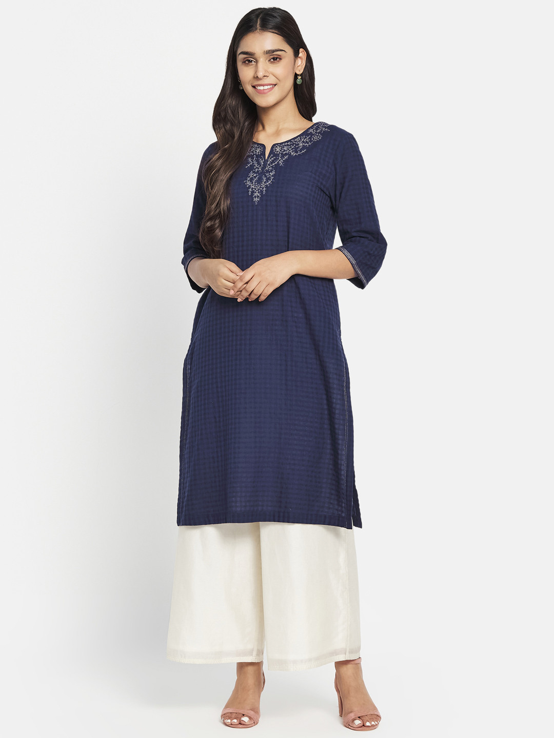

Fabindia Women Navy Blue Pure Cotton Embroidered Detail Checked Kurta