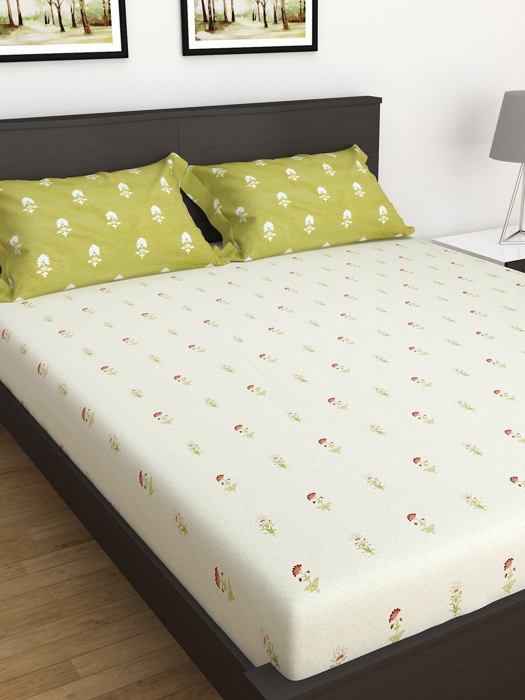 

Home Centre Adults Cream-Colored & Green Floral 180 TC King Bedsheet with 2 Pillow Covers