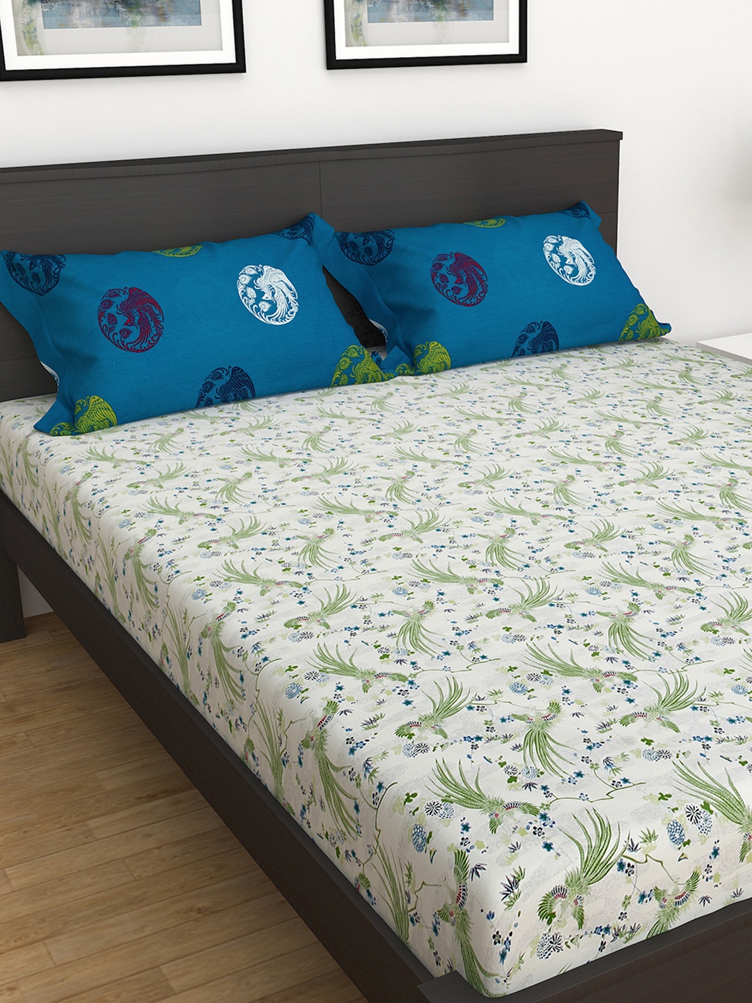 

Home Centre White & Blue Phoenix Printed 180 TC King Bedsheet with 2 Pillow Covers
