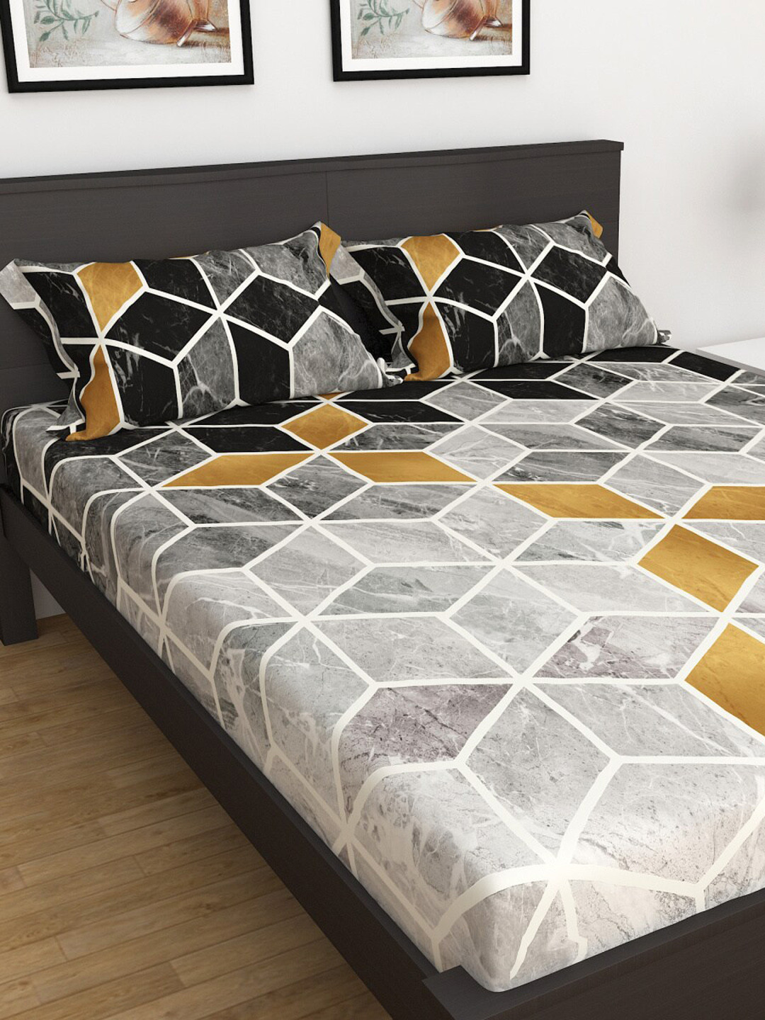 

Home Centre Adults Grey & Black Geometric 180 TC King Bedsheet with 2 Pillow Covers