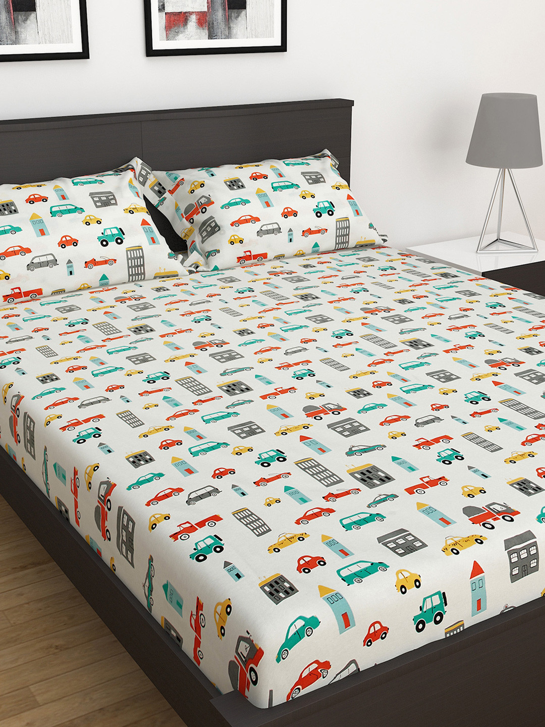 

Home Centre White Car Printed 152 TC Queen Bedsheet with 2 Pillow Covers
