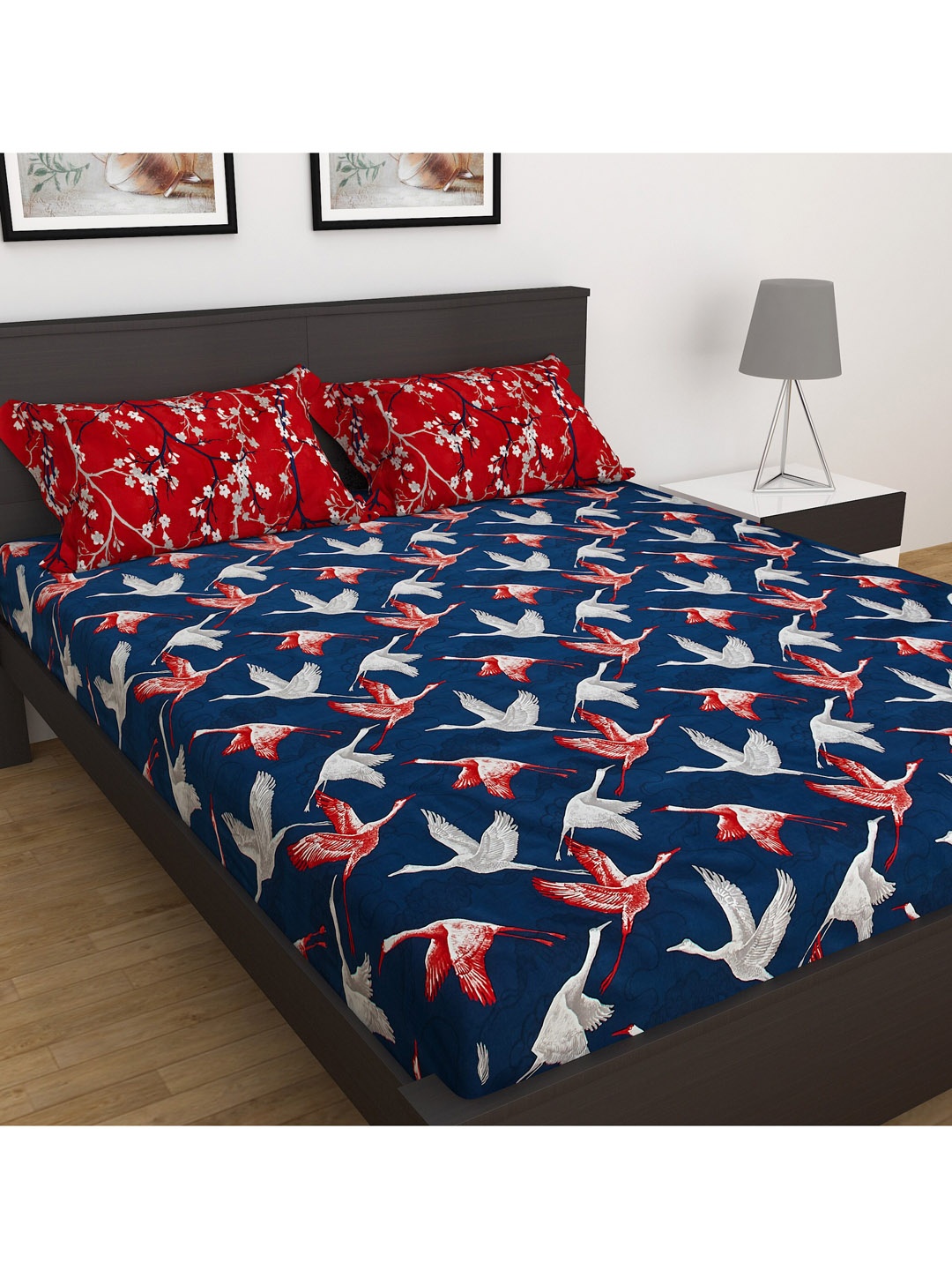 

Home Centre Adults Blue & Red Conversational 180 TC King Bedsheet with 2 Pillow Covers