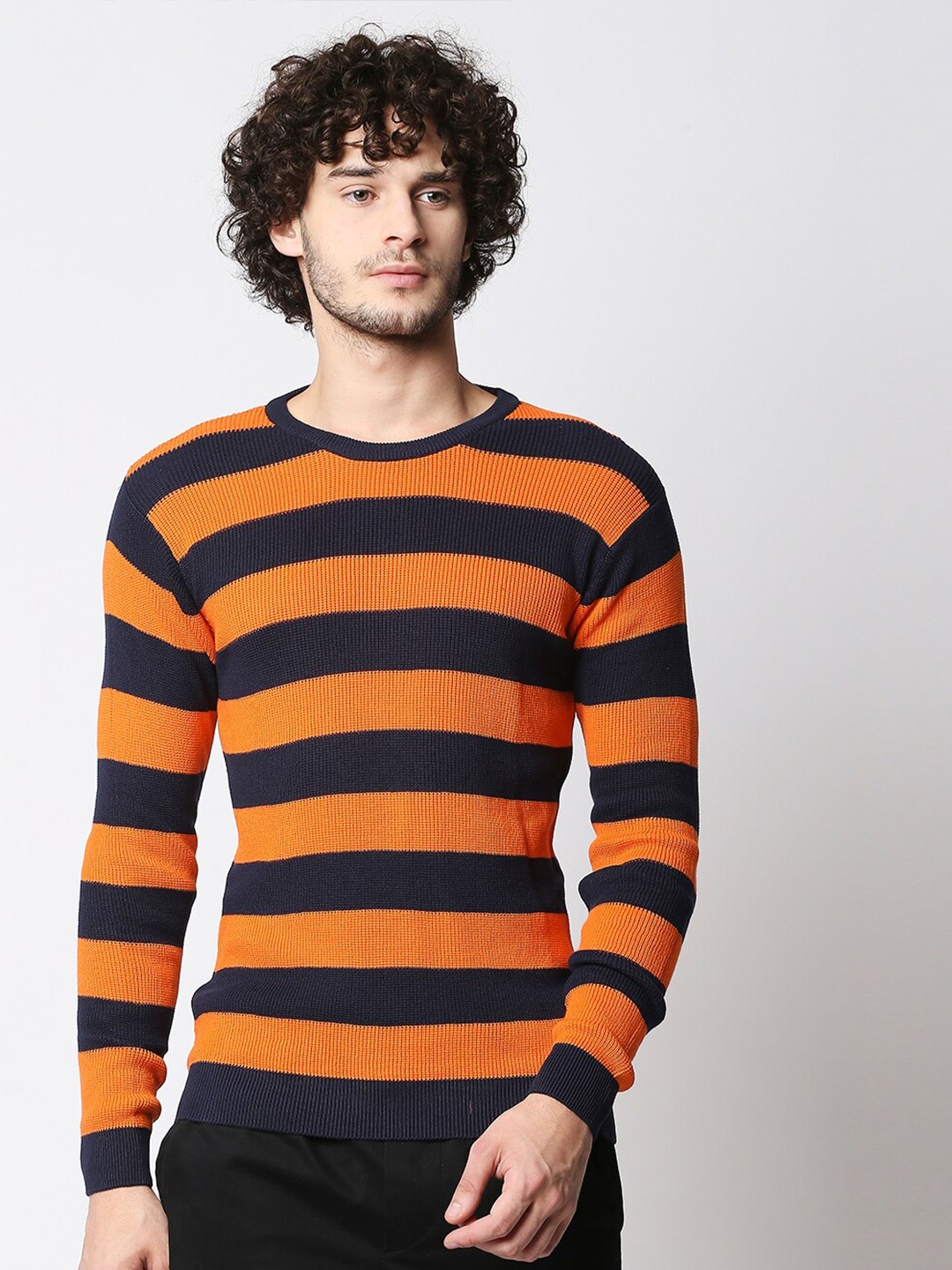 

Blamblack Men Orange Striped Sweatshirt