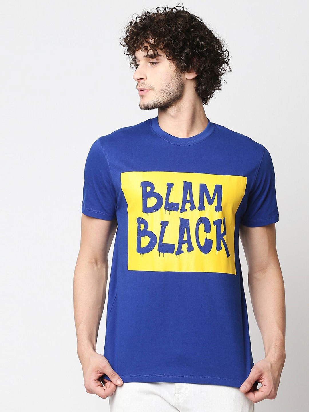 

Blamblack Men Blue Typography Printed Printed Round Neck Short Sleeves Tshirt