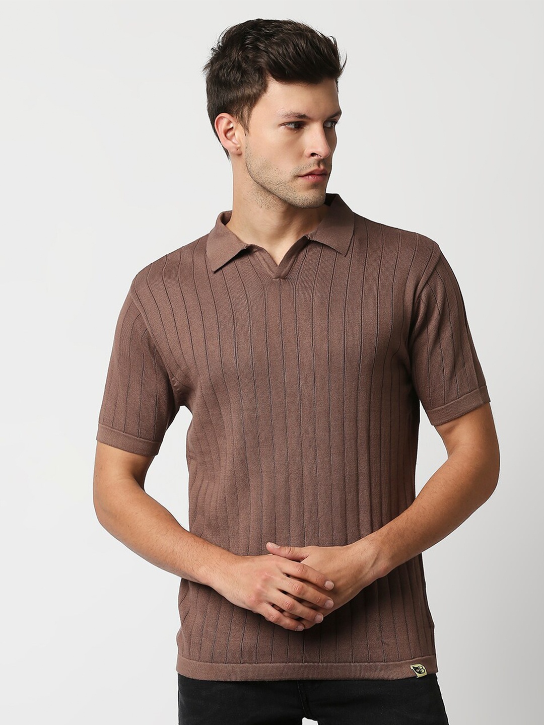 

Blamblack Men Brown Striped Polo Collar Slim Fit T-shirt