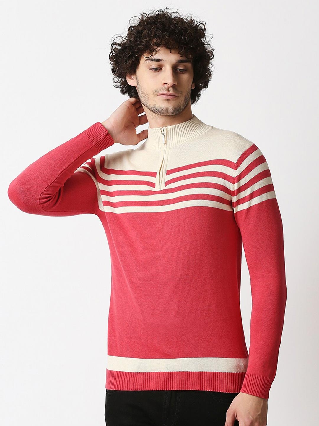 

Blamblack Men Pink Striped Henley Neck Slim Fit T-shirt