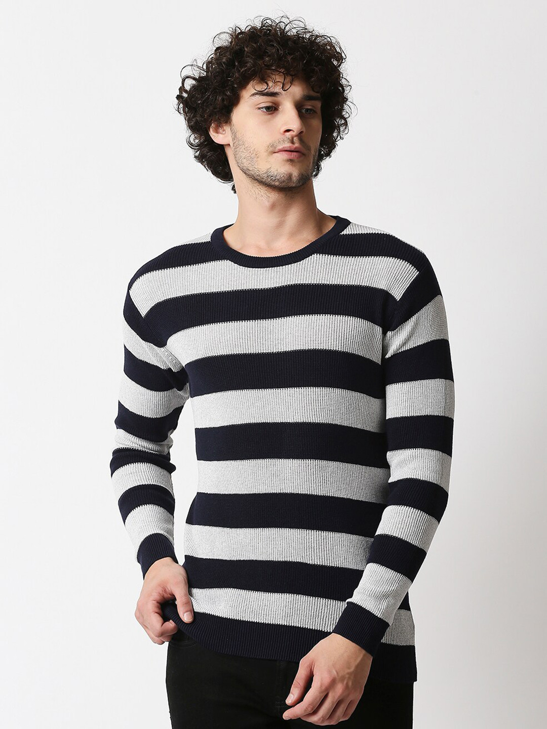 

Blamblack Men Melange Flat Knit Full Sleeves Horizontal Striped Slim Fit T-shirt, Black