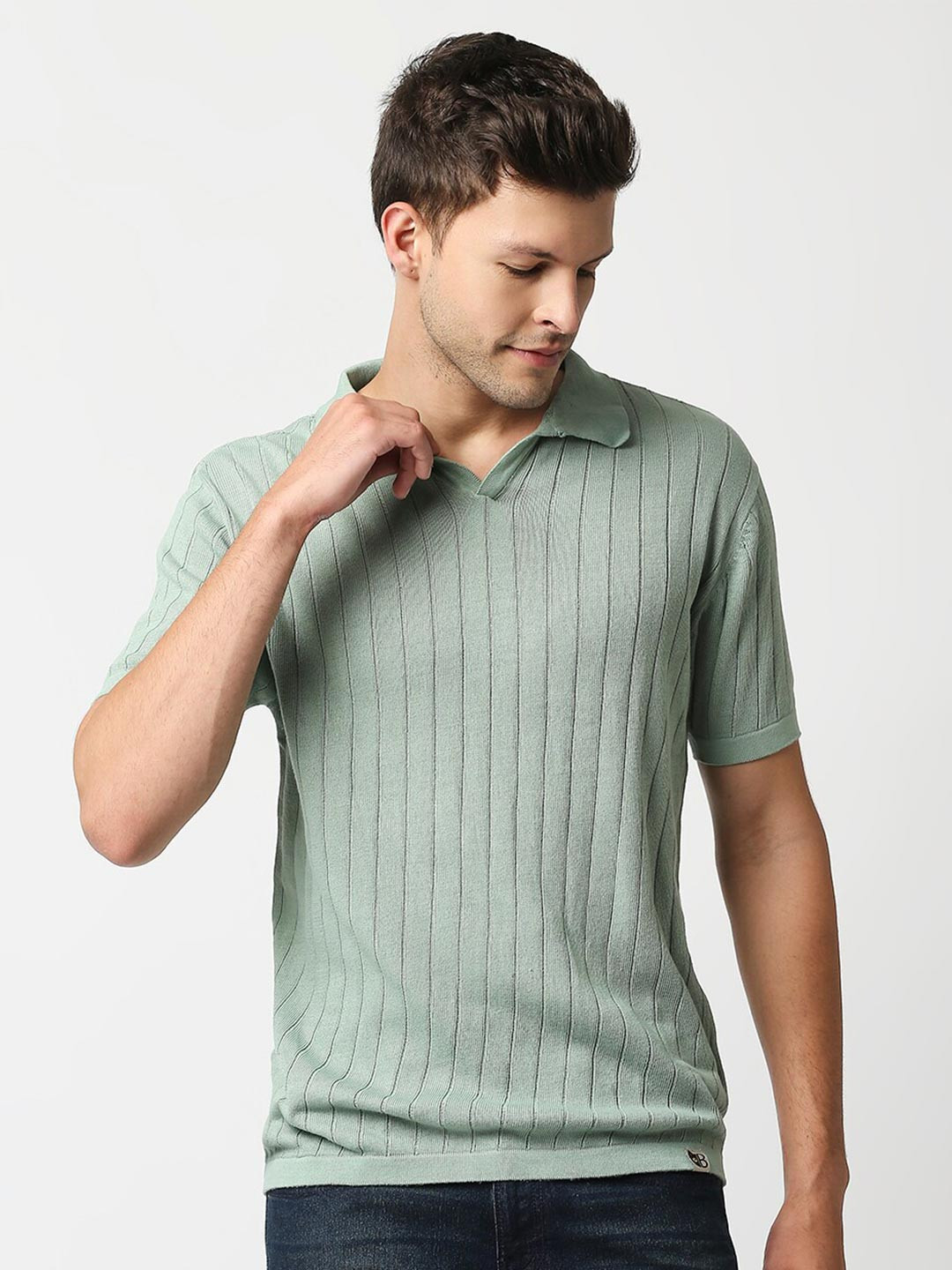 

Blamblack Men Green Striped Polo Collar Slim Fit T-shirt
