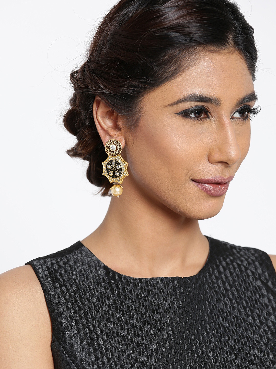 

PANASH Black Gold-Plated Geometric Stone-Studded Drop Earrings