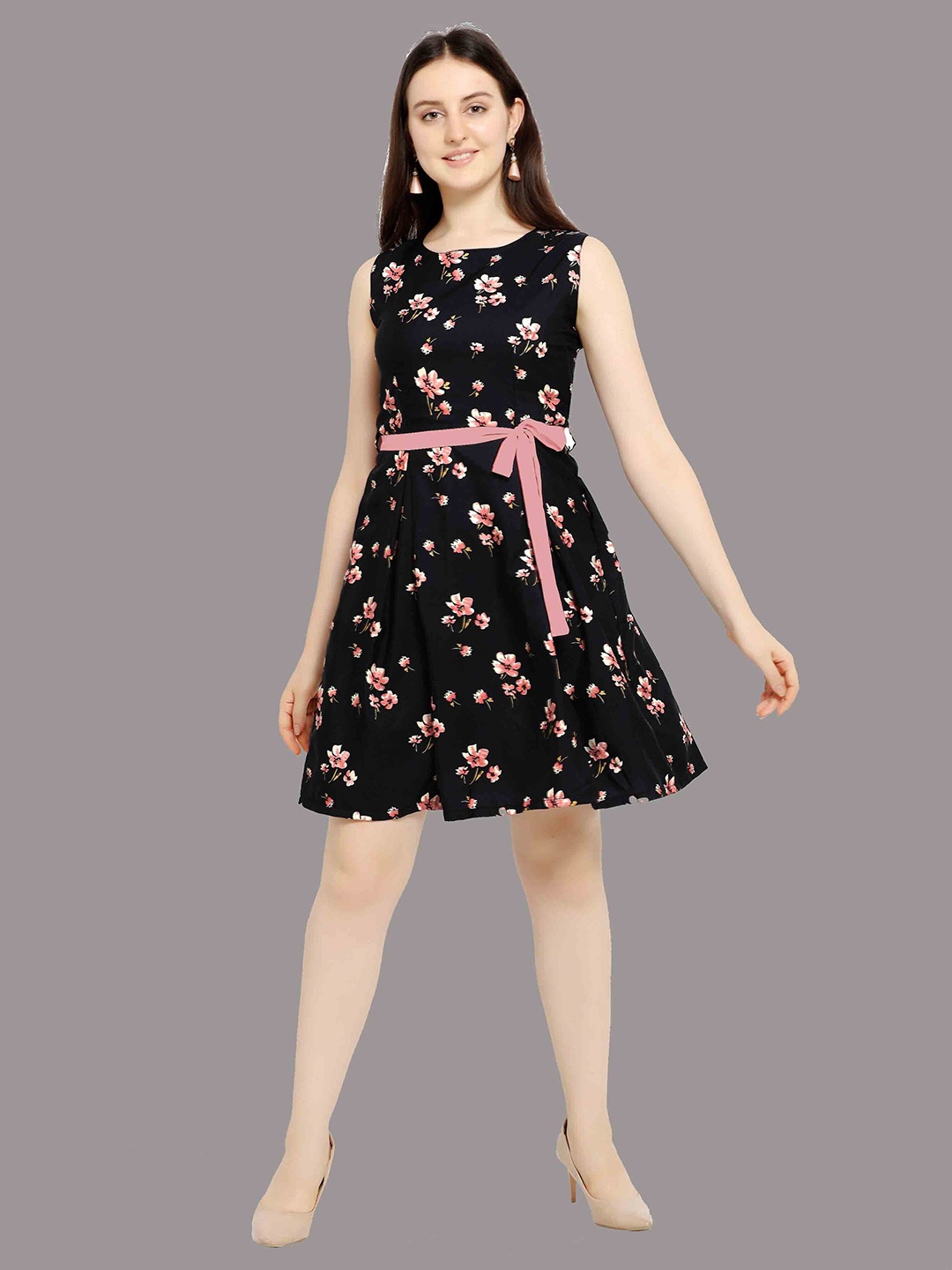 

MODLI 20 FASHION Women Black Floral Crepe Fit & Flare Dress