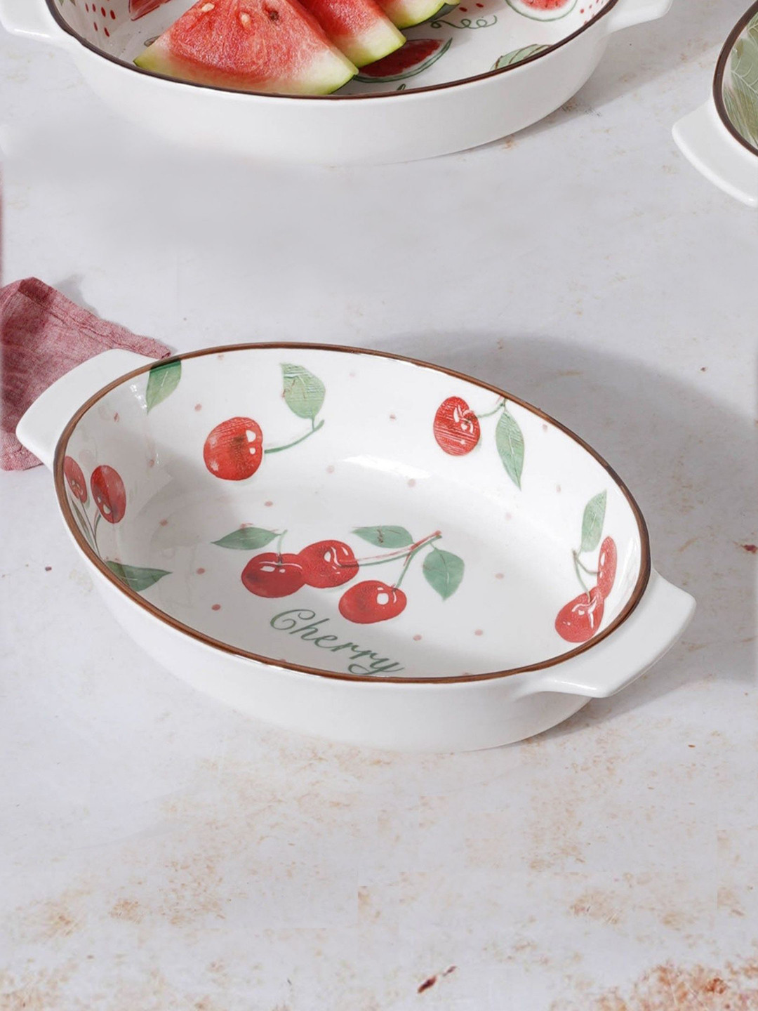 

Nestasia White & Red Cherry Printed Oval Bakeware