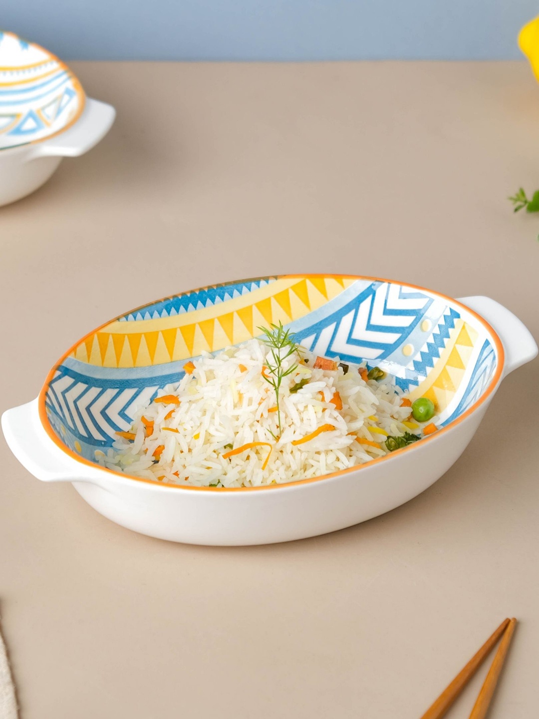 

Nestasia White & Blue Printed Chevron Baking Dish With Handle 9 Inch
