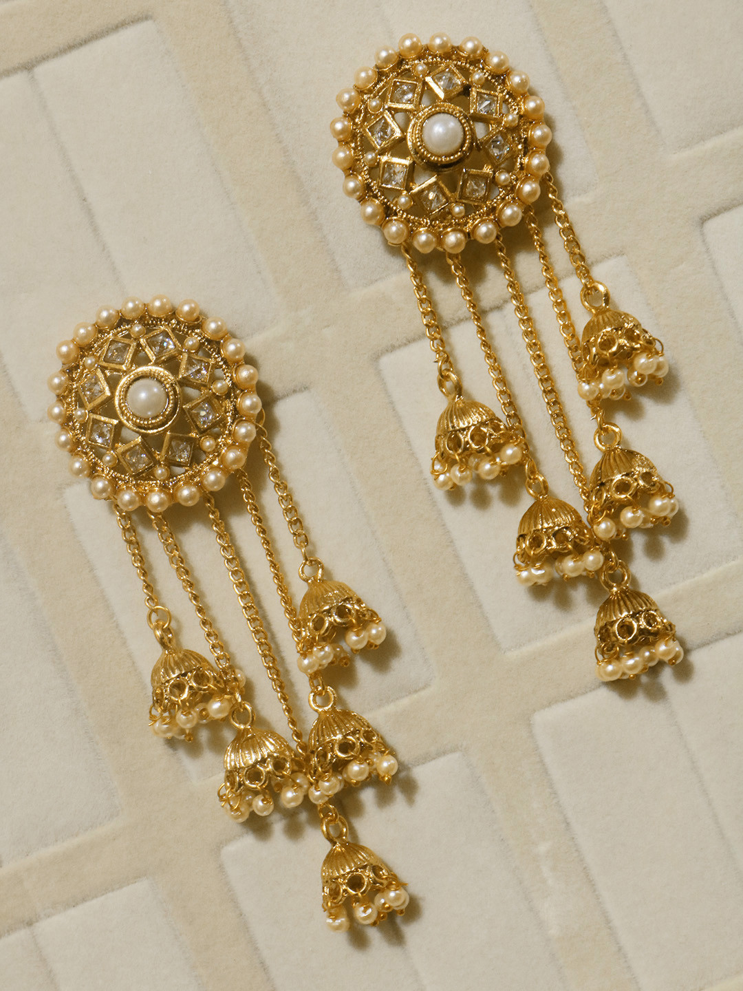 

PANASH Off-White Gold-Plated Stone-Studded Beaded Drop Earrings