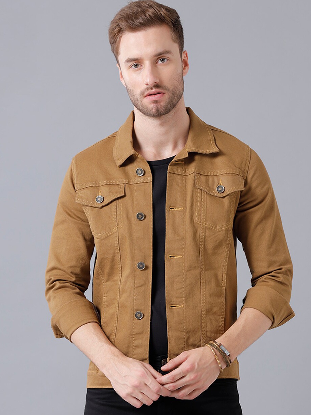 

IMYOUNG Men Khaki Lightweight Crop Denim Jacket