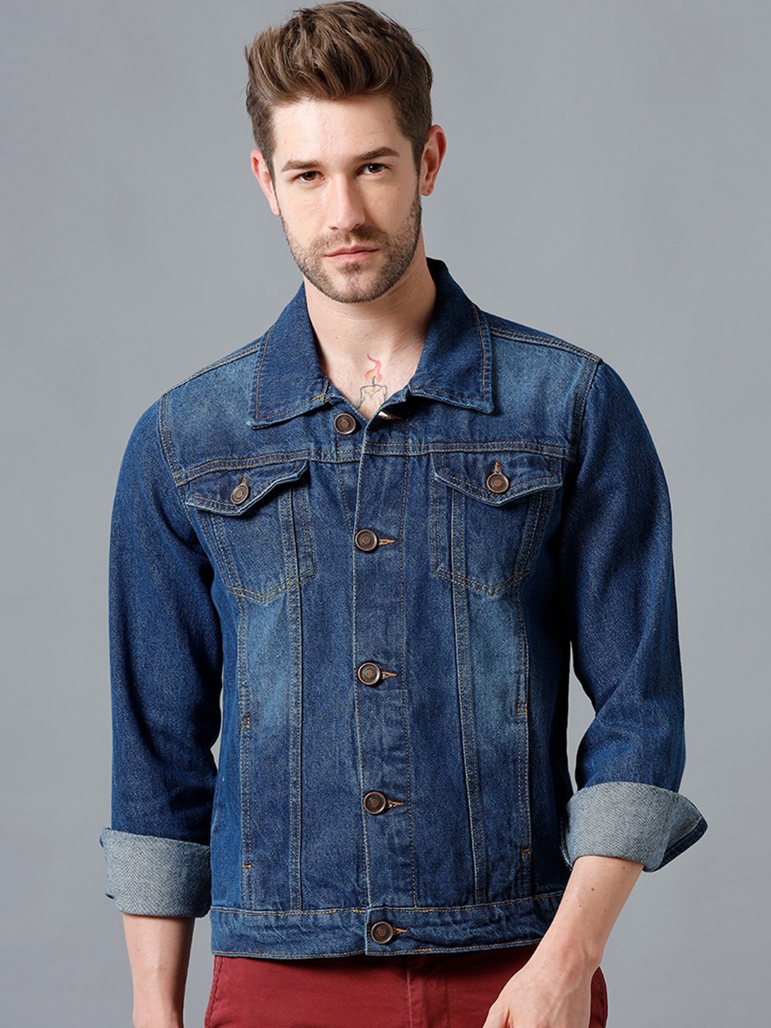 

IMYOUNG Men Blue Washed Lightweight Denim Jacket