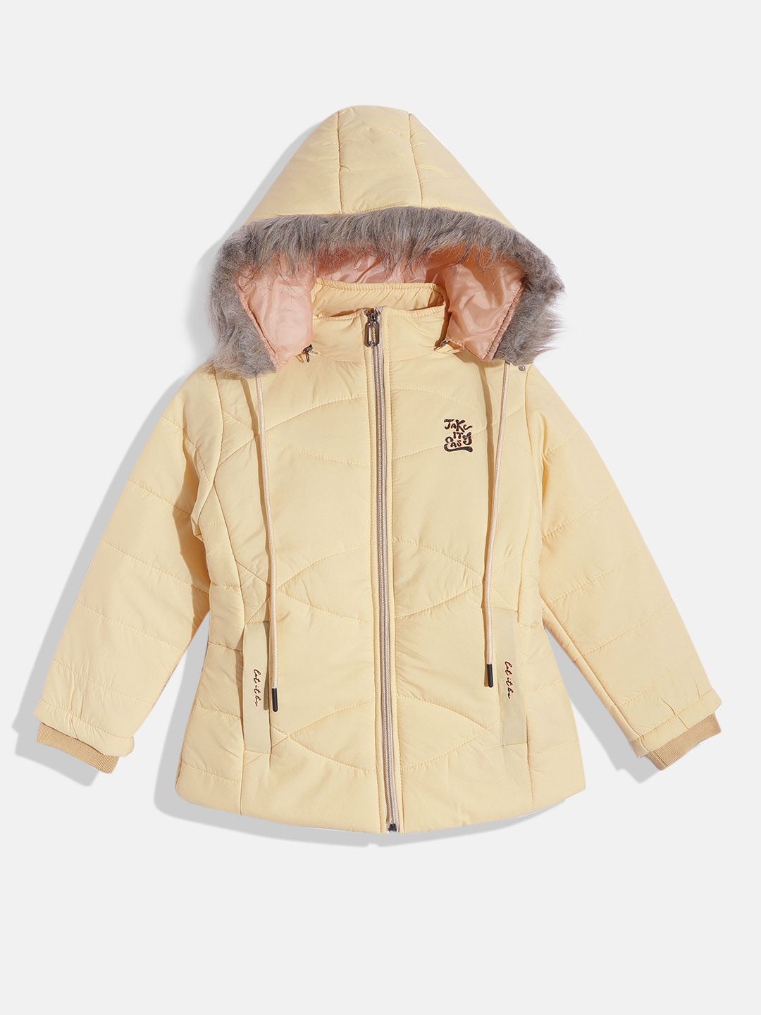 

Fort Collins Girls Cream-Coloured Solid Insulator Faux Fur Detachable Hood Parka Jacket