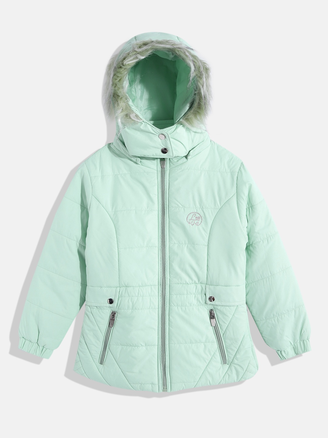 

Fort Collins Girls Mint Green Solid Insulator Faux Fur Detachable Hood Parka Jacket