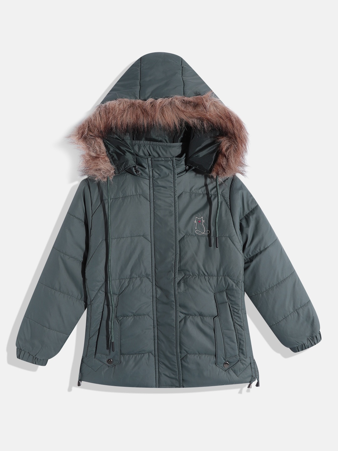 

Fort Collins Girls Teal Green Insulator Parka Jacket with Faux Fur Detachable Hood