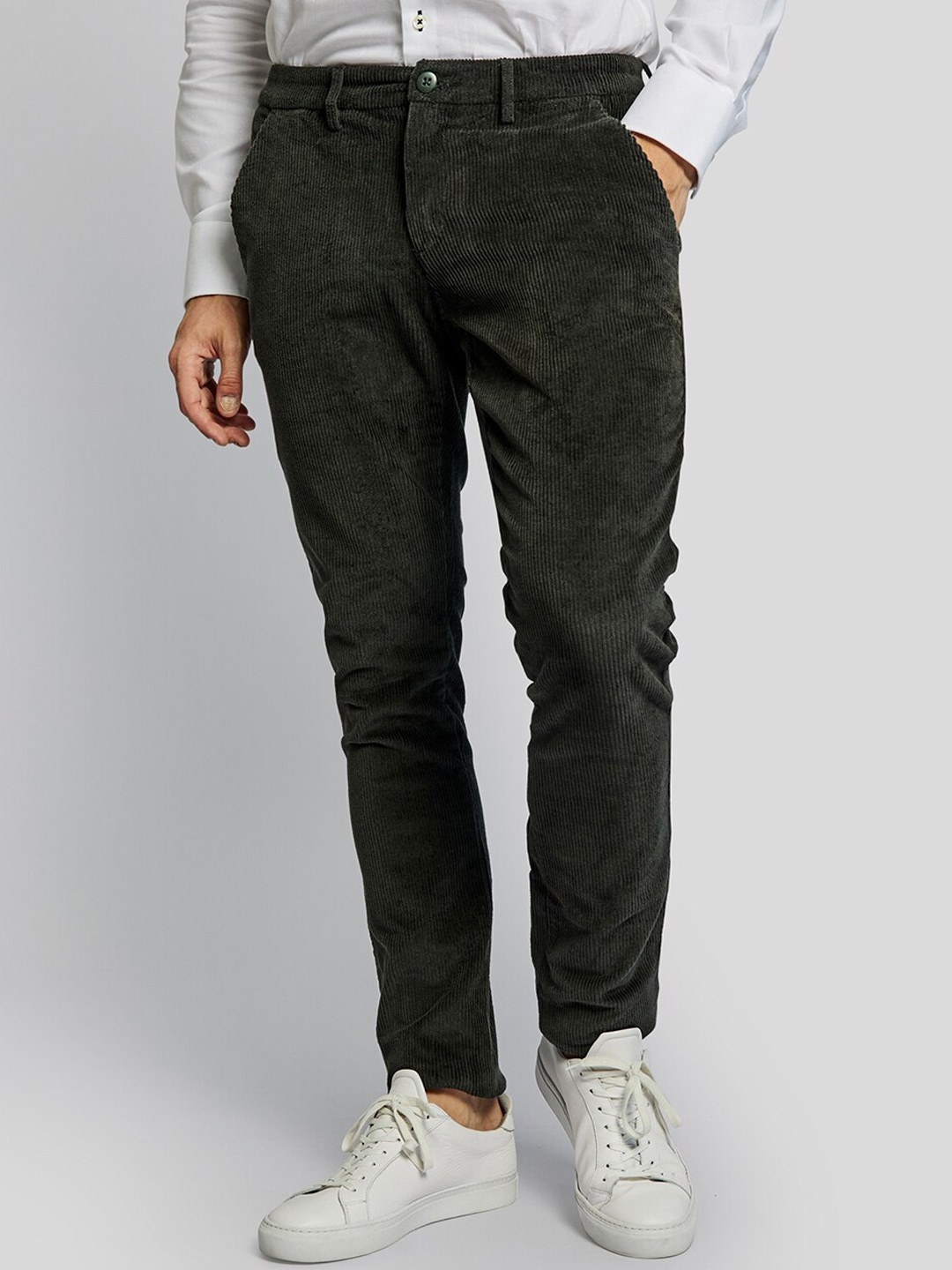 

Bruun & Stengade Men Olive Green Striped Slim Fit Chinos Trousers