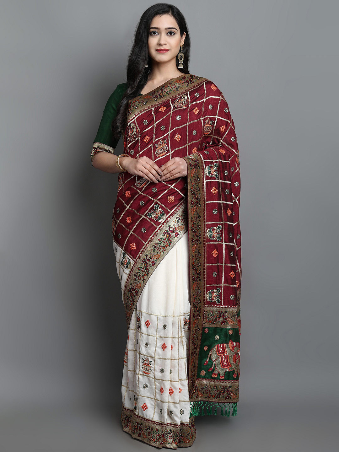 

ASPORA Women White & Maroon Ethnic Motifs Pure Silk Heavy Work Kanjeevaram Saree