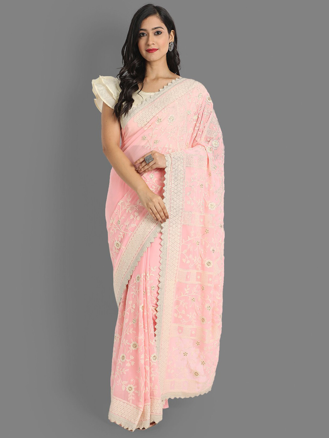 

ASPORA Pink & White Floral Embroidered Pure Georgette Heavy Work Gadwal Saree