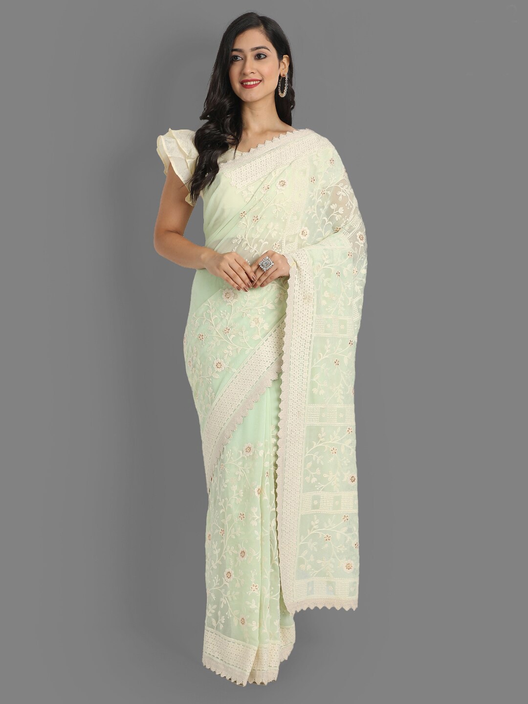 

ASPORA Green Lucknowi Embroidered Pure Georgette Heavy Work Gadwal Saree