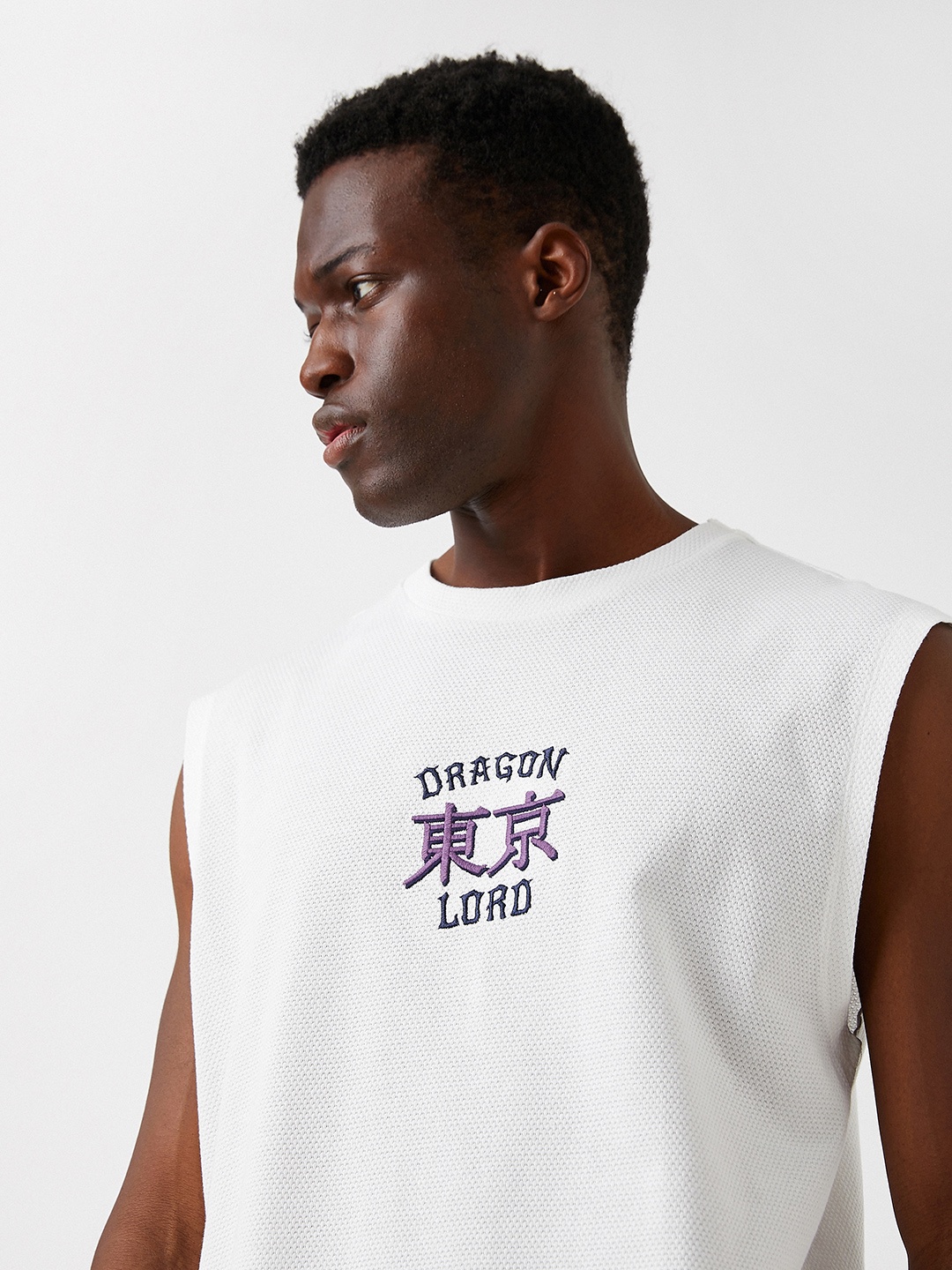 

Koton White & Purple Typography Embroidered Pure Cotton Sleeveless T-shirt