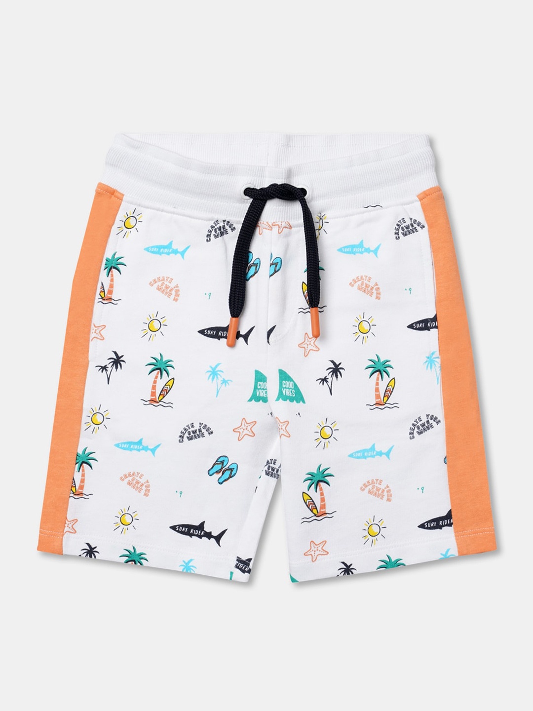 

R&B Boys White Conversational Printed Cotton High-Rise Shorts