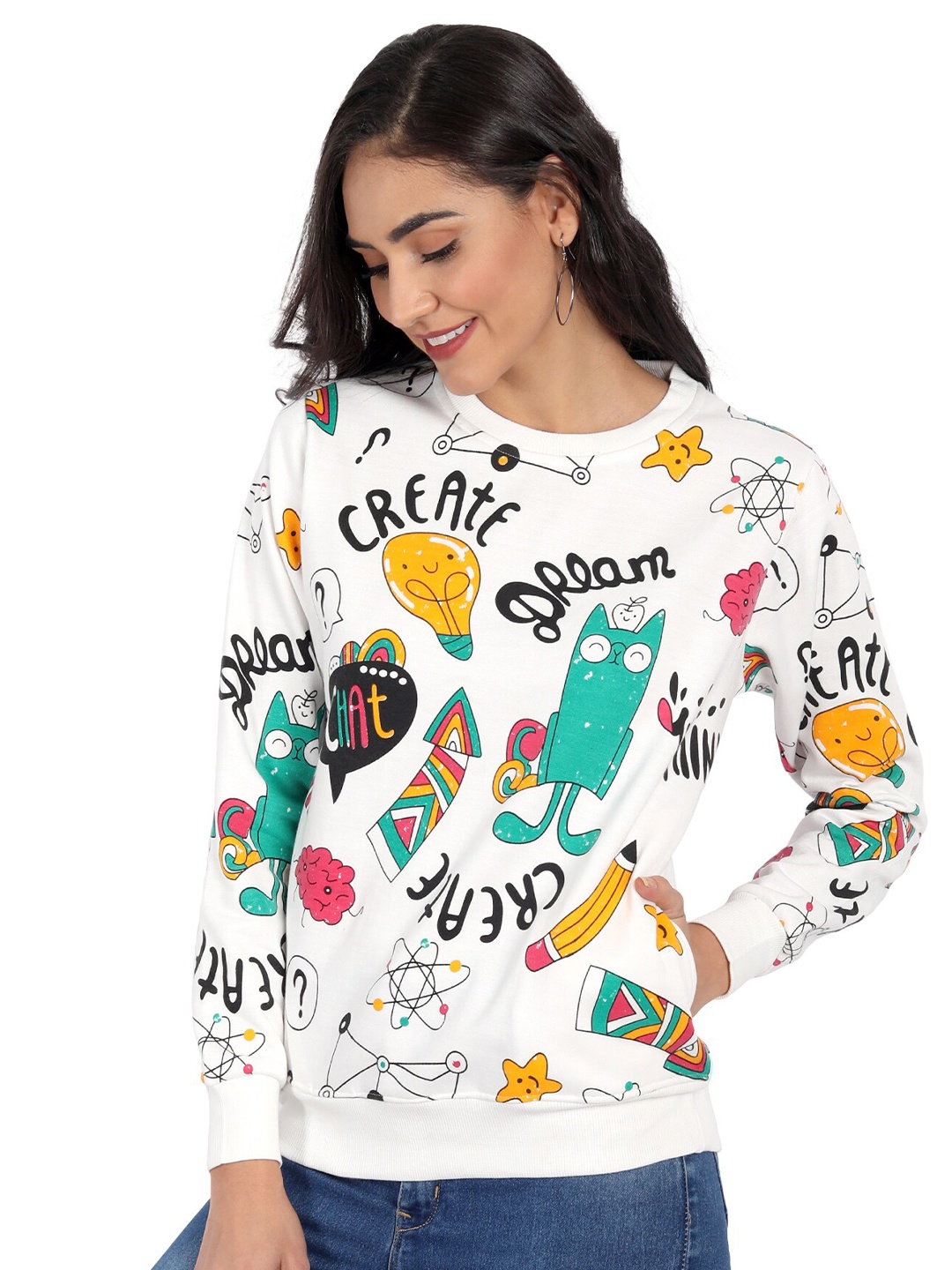 

CHOZI Women White Printed Sweatshirt