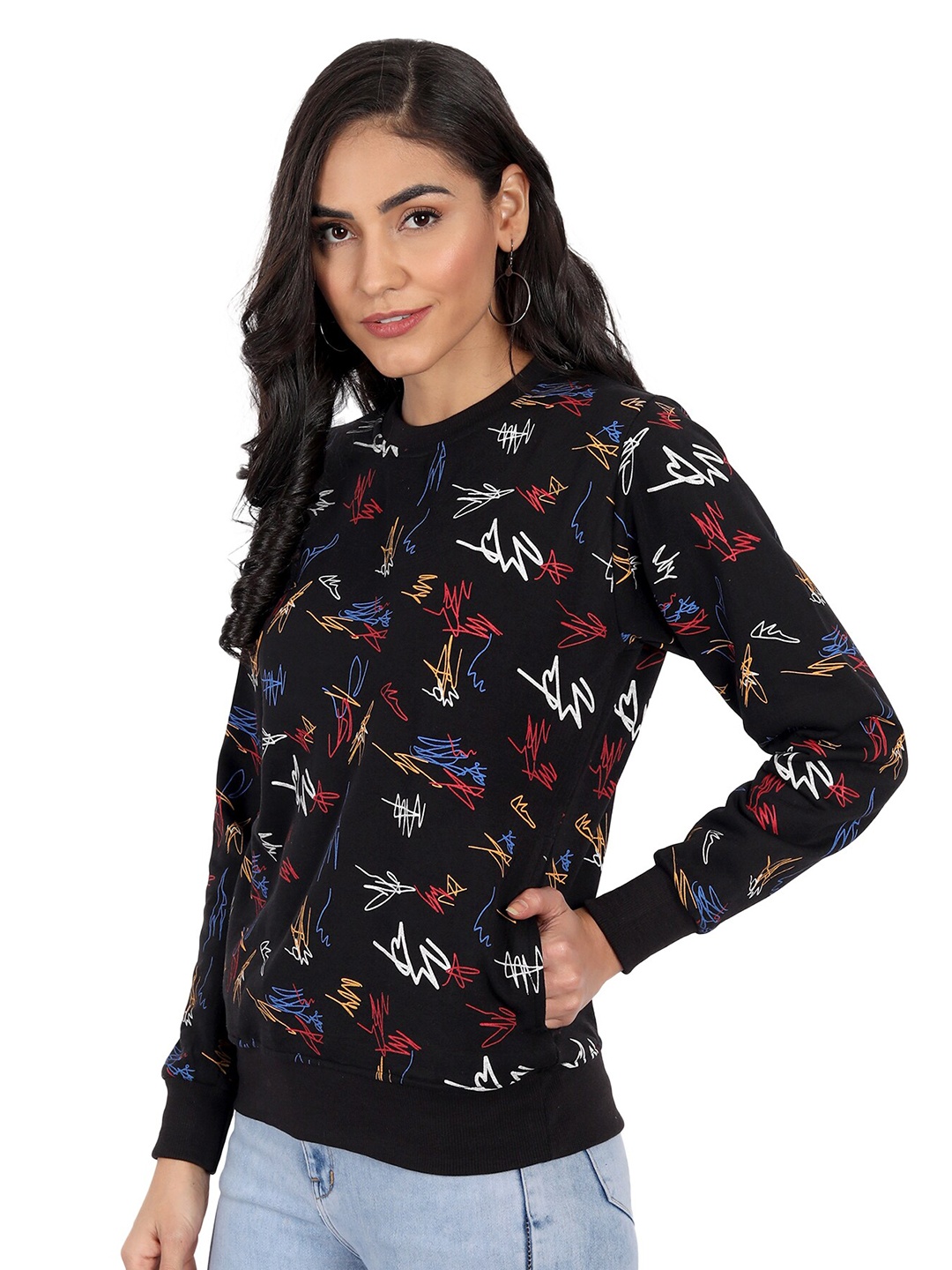 

CHOZI Women Black Printed Sweatshirt