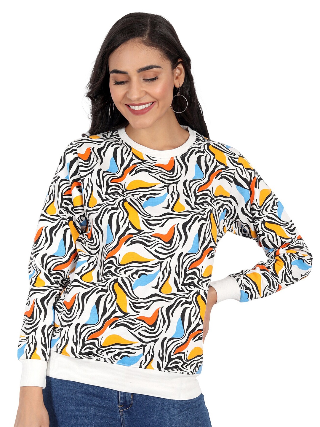 

CHOZI Women White & Black Printed Round Neck Sweatshirt