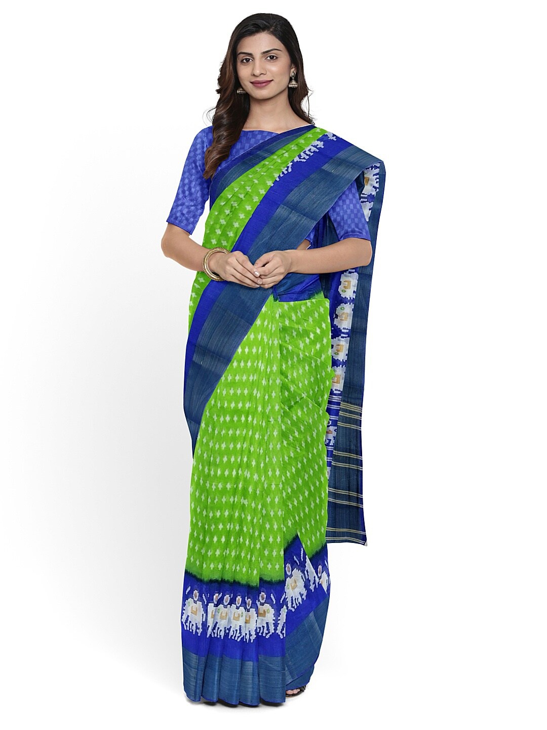 

SAADHVI Green & Blue Kalamkari Silk Blend Bhagalpuri Saree