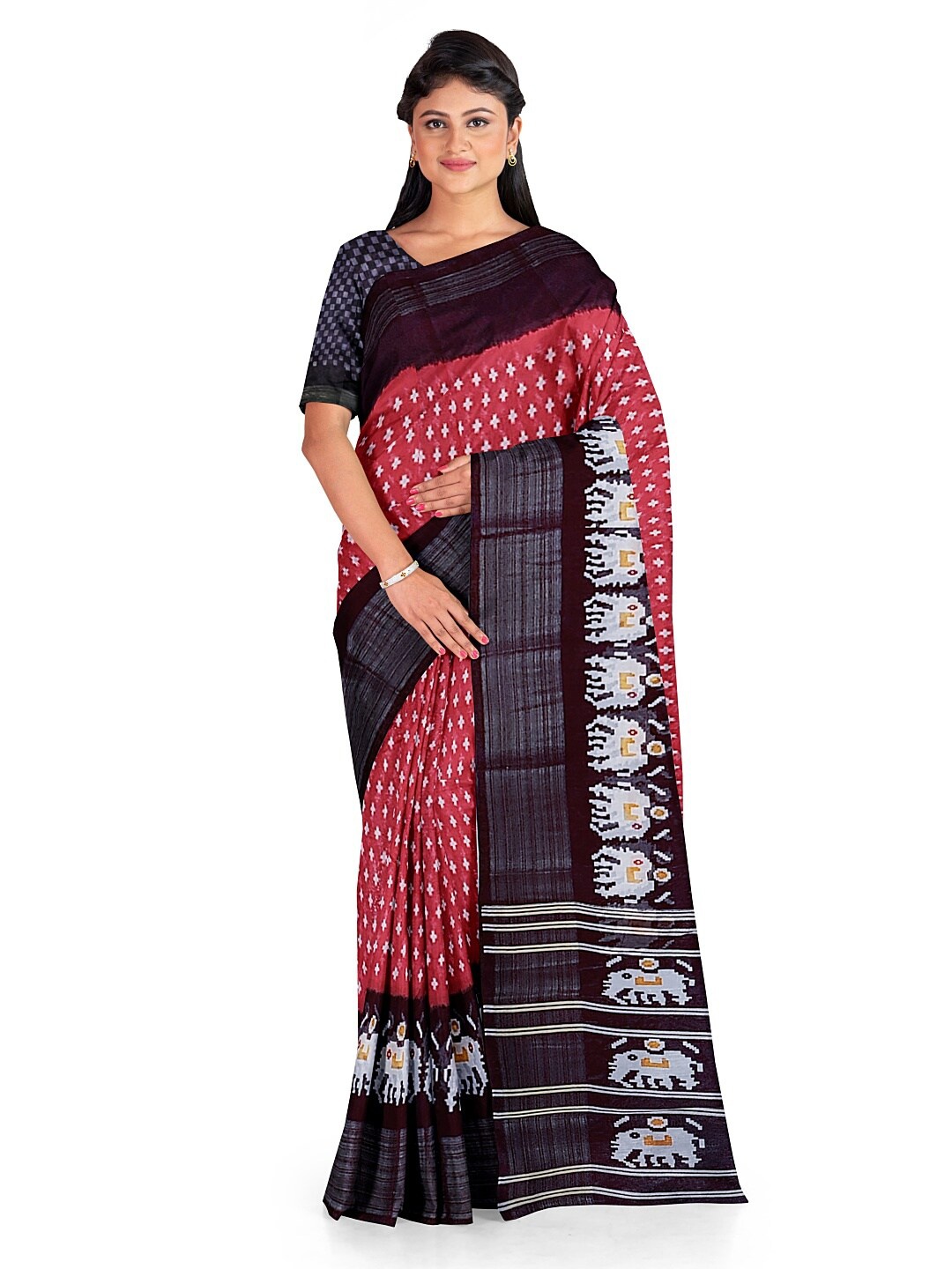 

SAADHVI Women Peach-Coloured & Navy Blue Kalamkari Silk Blend Bhagalpuri Saree