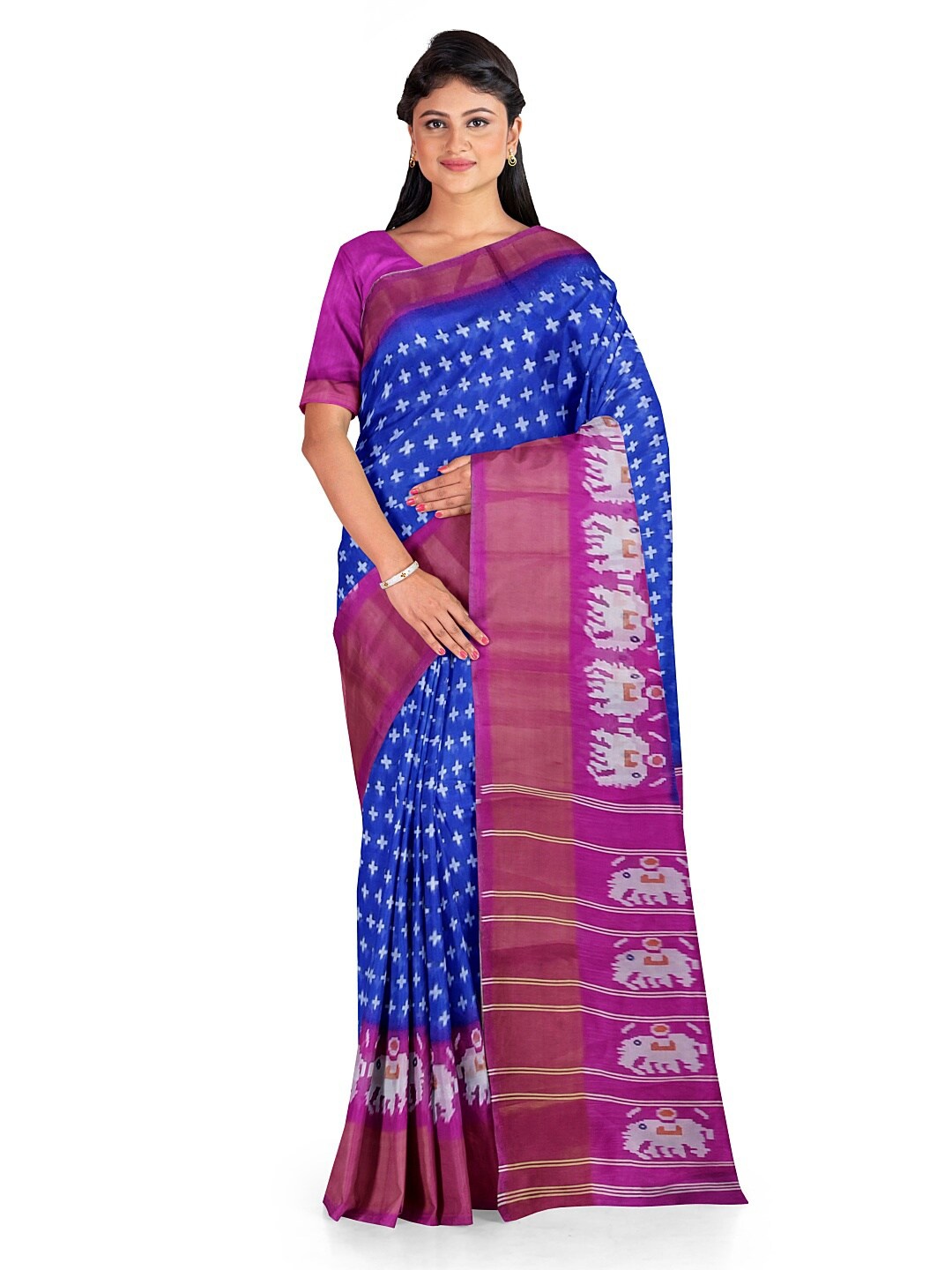 

SAADHVI Women Blue & Pink Kalamkari Silk Blend Bhagalpuri Saree