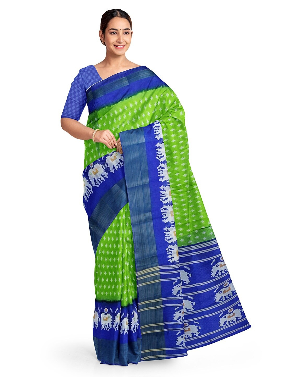 

SAADHVI Women Green & Blue Kalamkari Silk Blend Bhagalpuri Saree