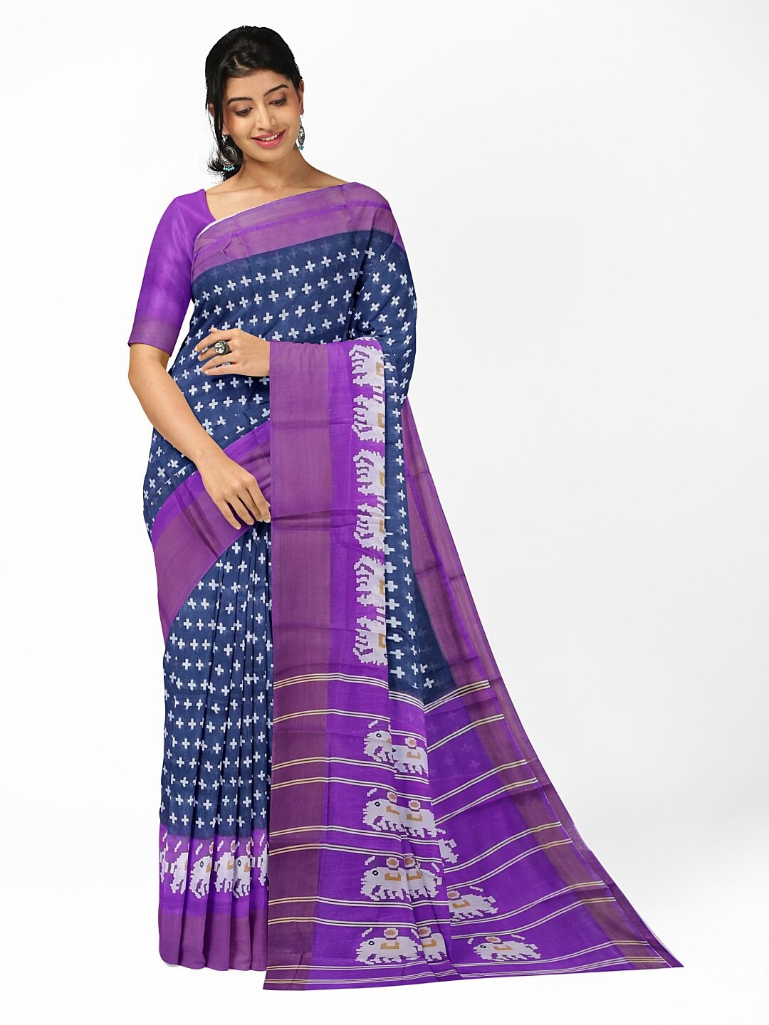 

SAADHVI Women Blue & Violet Kalamkari Silk Blend Bhagalpuri Saree