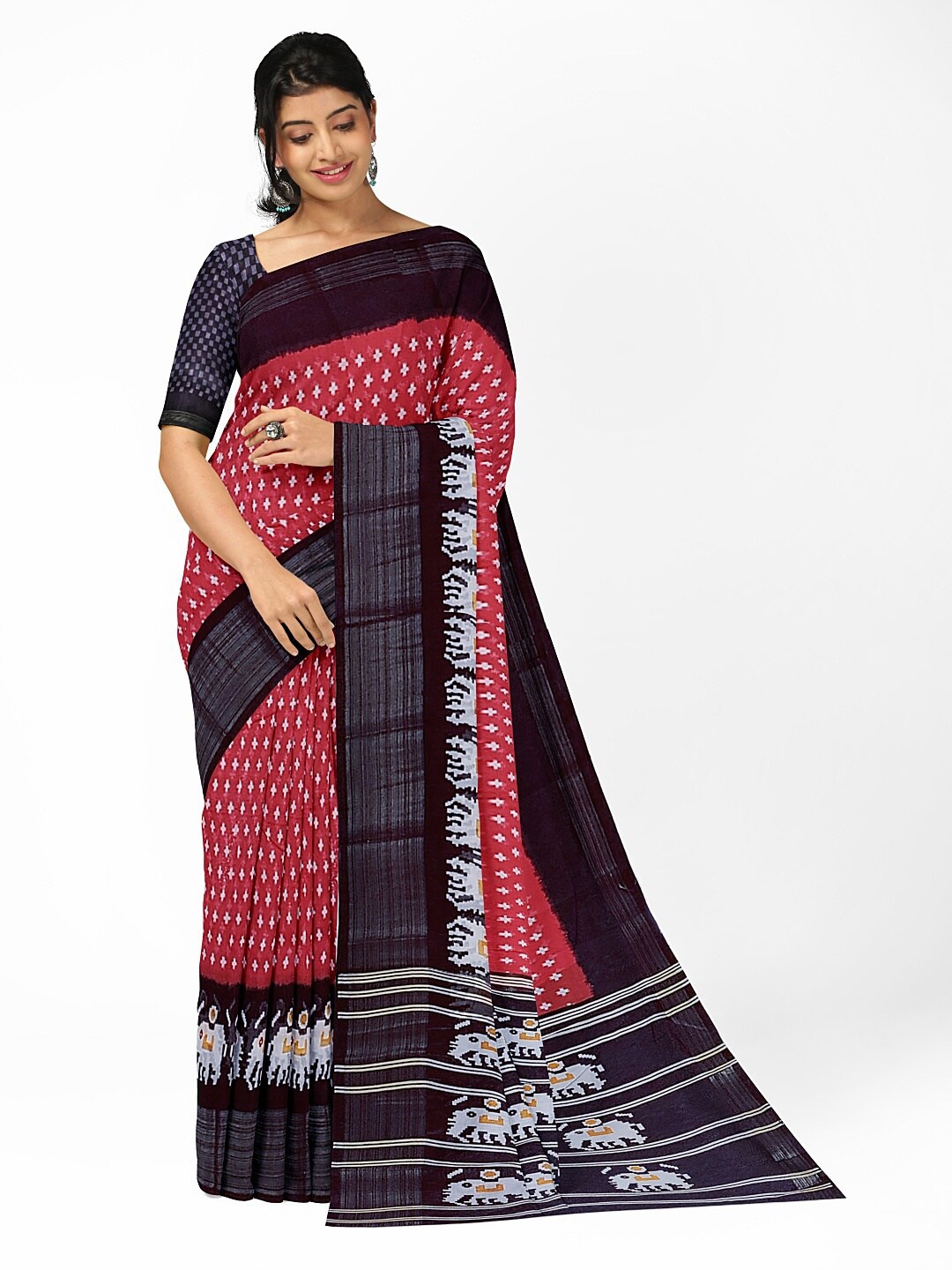 

SAADHVI Women Maroon & Black Kalamkari Zari Silk Blend Bhagalpuri Saree