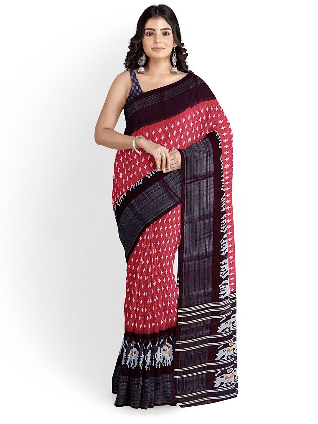 

SAADHVI Women Maroon & Black Kalamkari Zari Silk Blend Bhagalpuri Saree