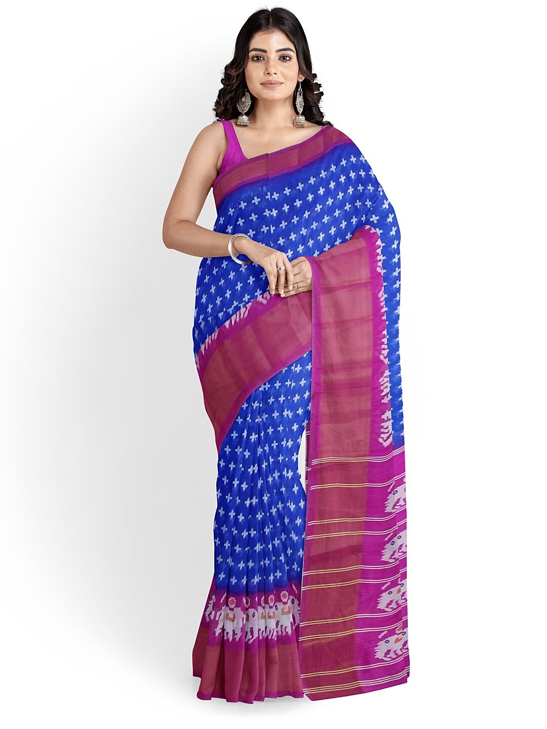 

SAADHVI Women Blue & Pink Kalamkari Silk Blend Bhagalpuri Saree