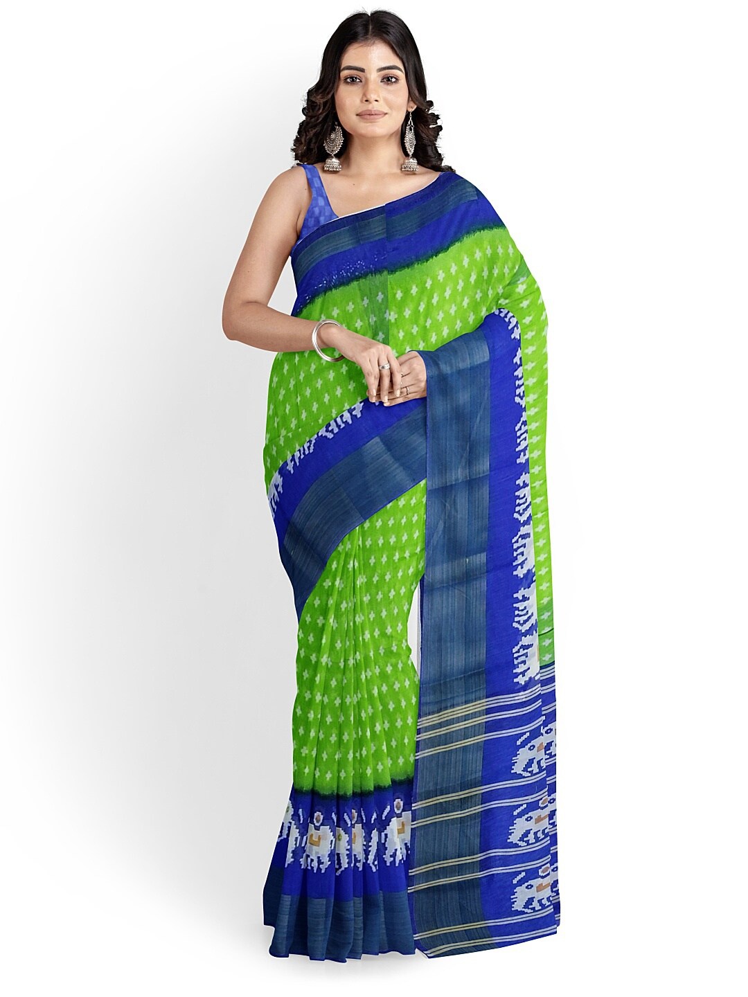 

SAADHVI Green & Blue Kalamkari Blend Bhagalpuri Saree