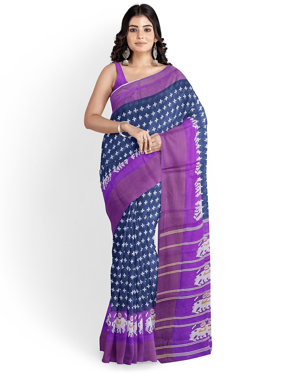 

SAADHVI Grey & Violet Kalamkari Silk Blend Bhagalpuri Saree