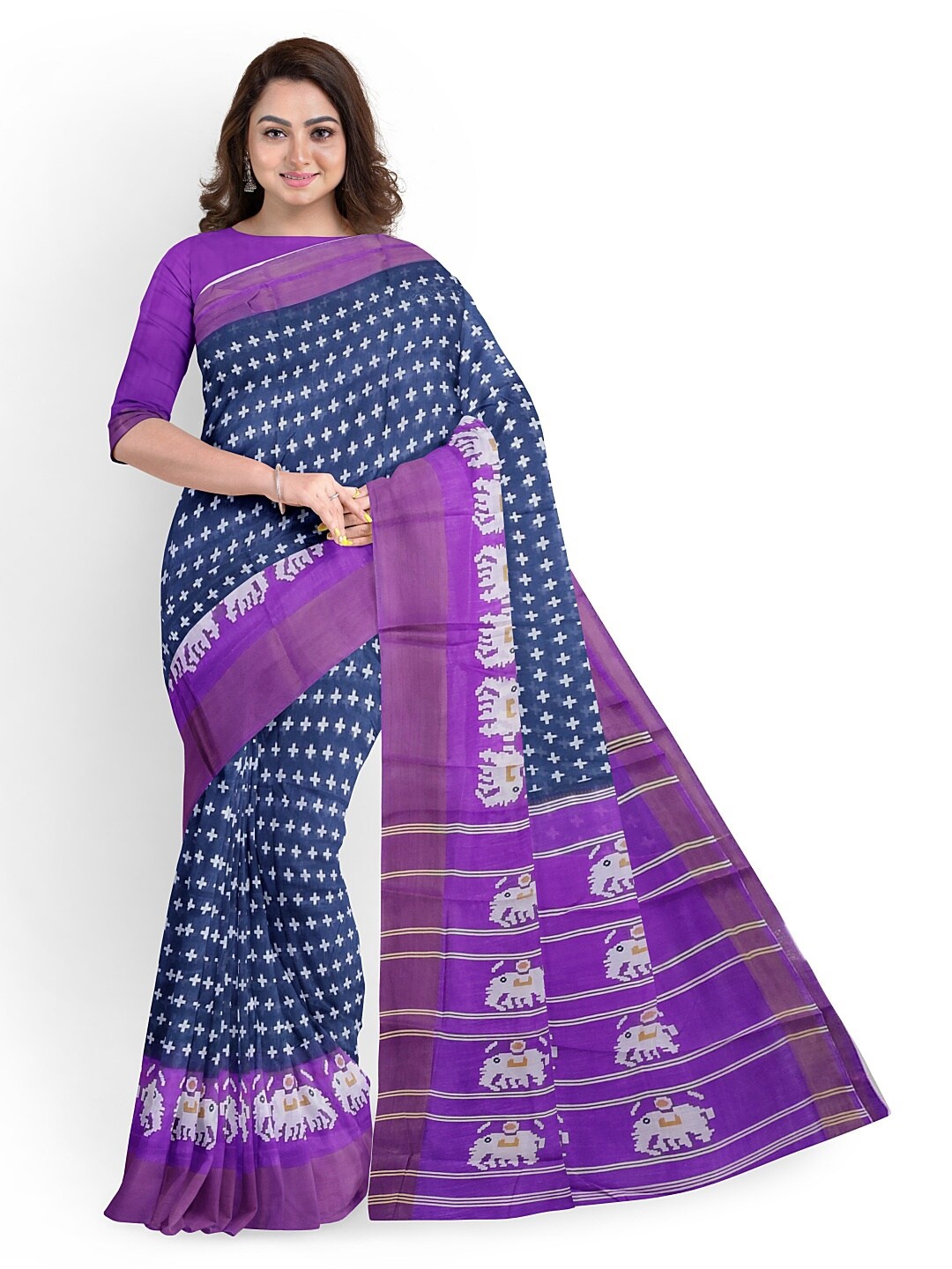 

SAADHVI Grey & Purple Kalamkari Zari Silk Blend Bhagalpuri Saree