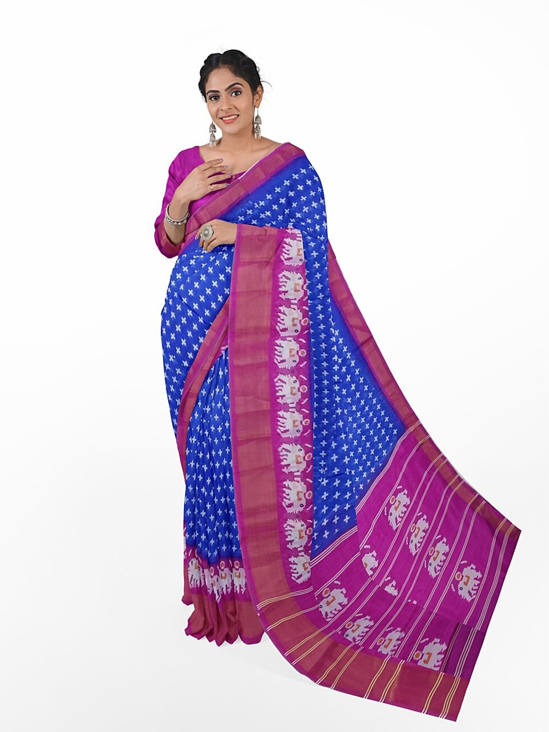 

SAADHVI Blue & Pink Kalamkari Zari Silk Blend Bhagalpuri Saree