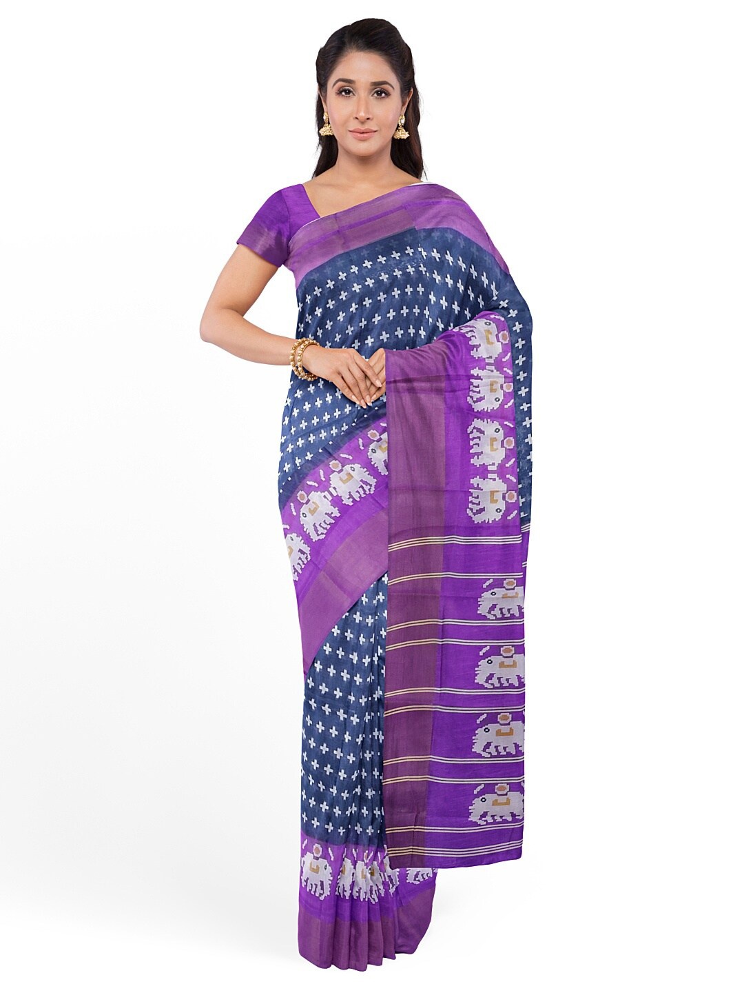 

SAADHVI Grey & Purple Kalamkari Zari Silk Blend Bhagalpuri Saree