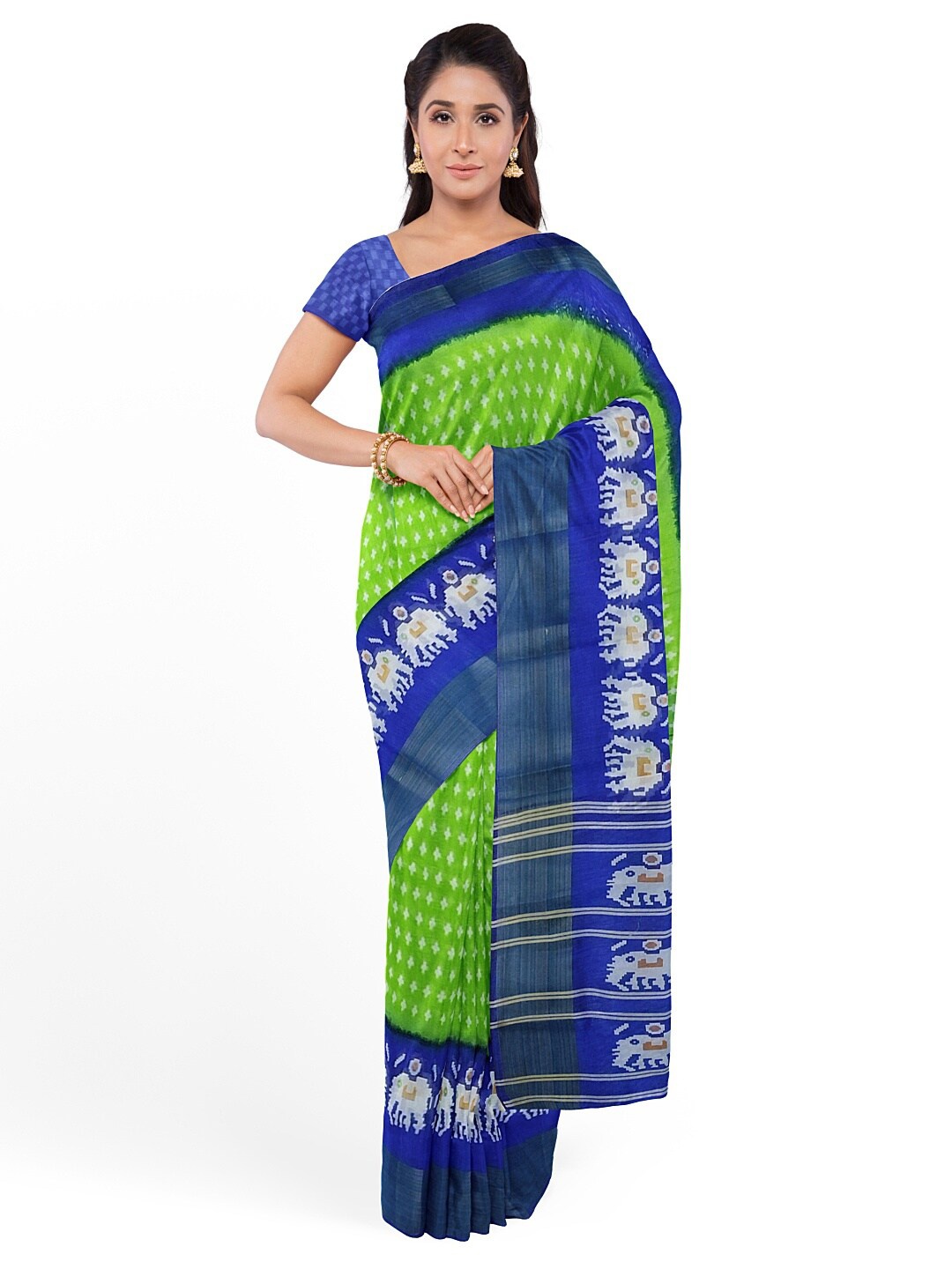 

SAADHVI Green & Blue Kalamkari Zari Silk Blend Bhagalpuri Saree