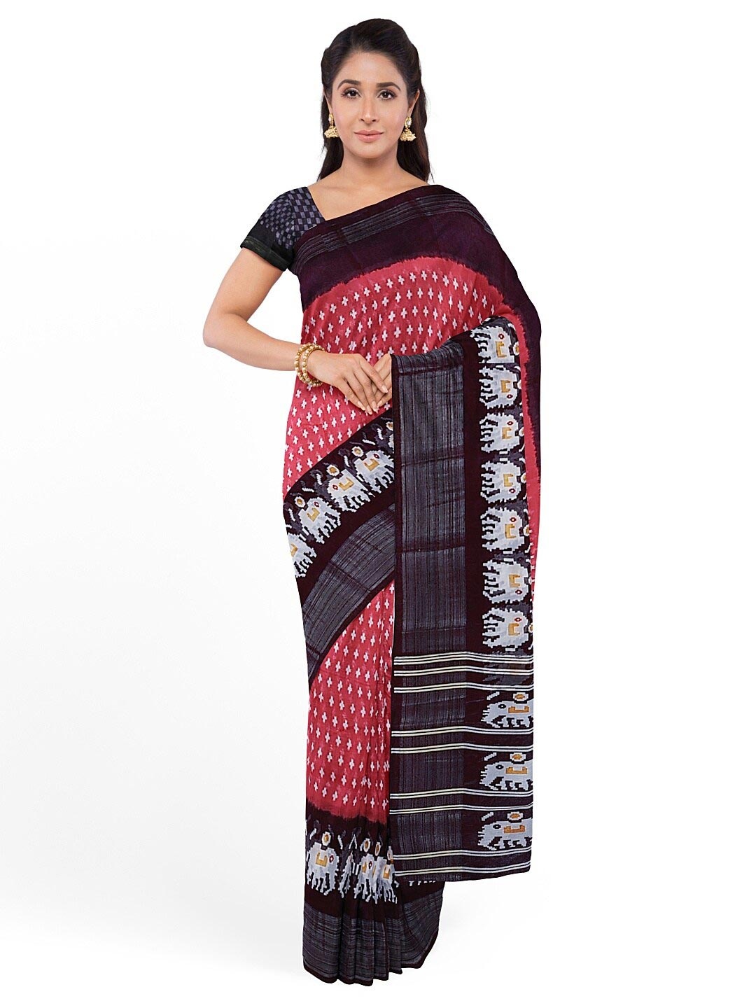 

SAADHVI Peach-Coloured & Black Kalamkari Zari Silk Blend Bhagalpuri Saree