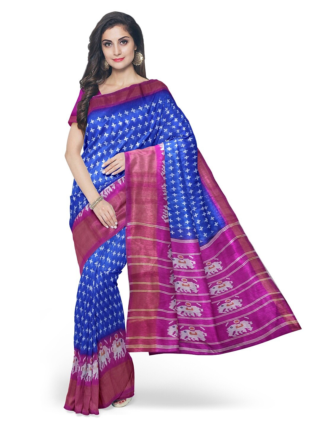 

SAADHVI Blue & Pink Kalamkari Zari Silk Blend Bhagalpuri Saree