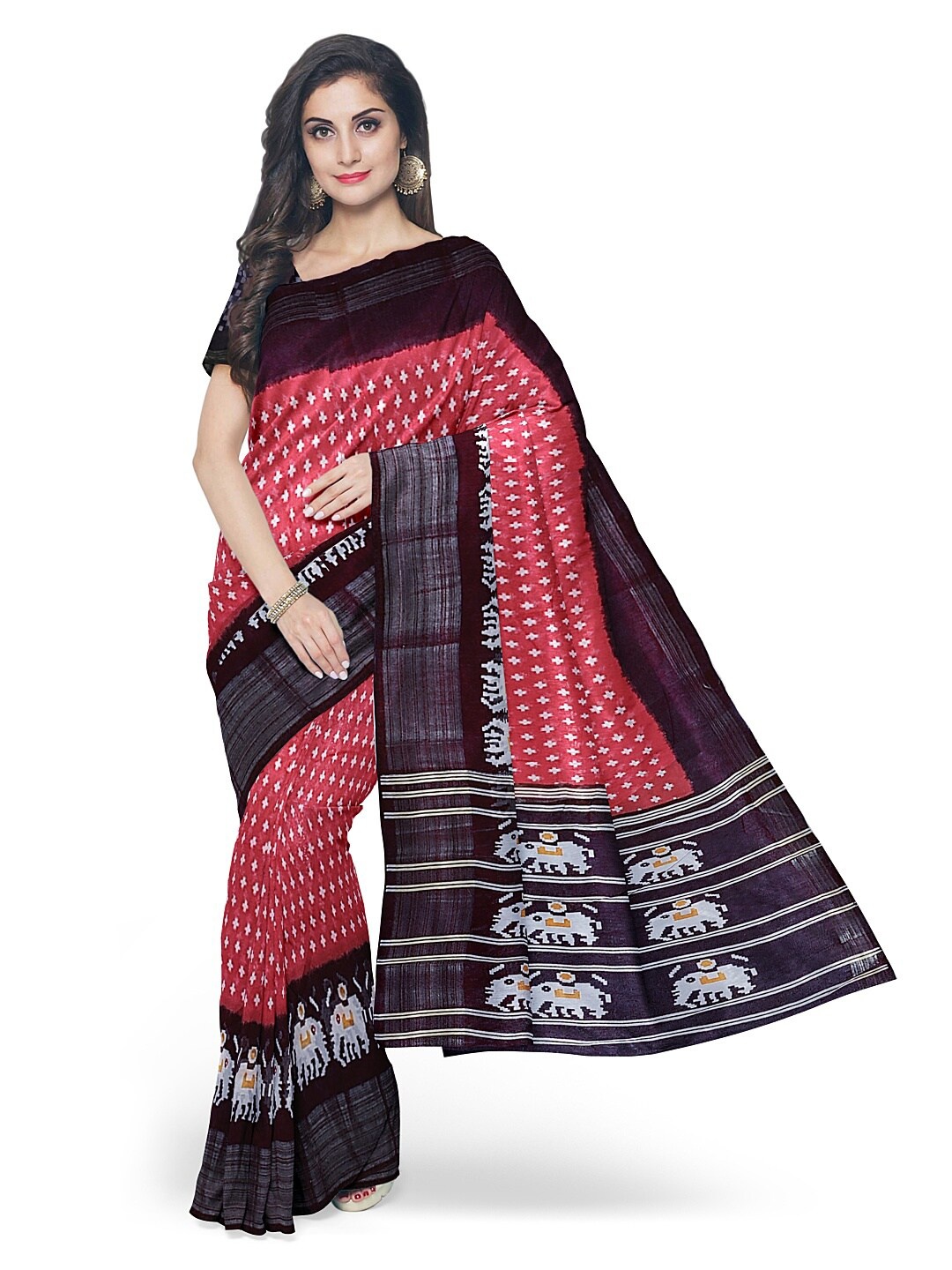 

SAADHVI Red & Black Kalamkari Zari Silk Blend Bhagalpuri Saree