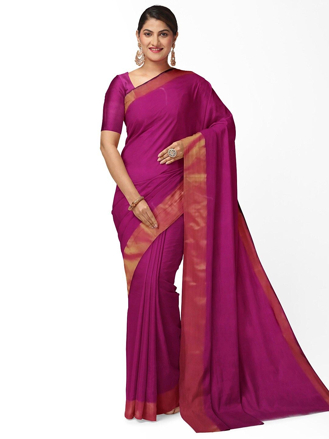 

SAADHVI Pink & Gold-Toned Silk Cotton Sungudi Saree